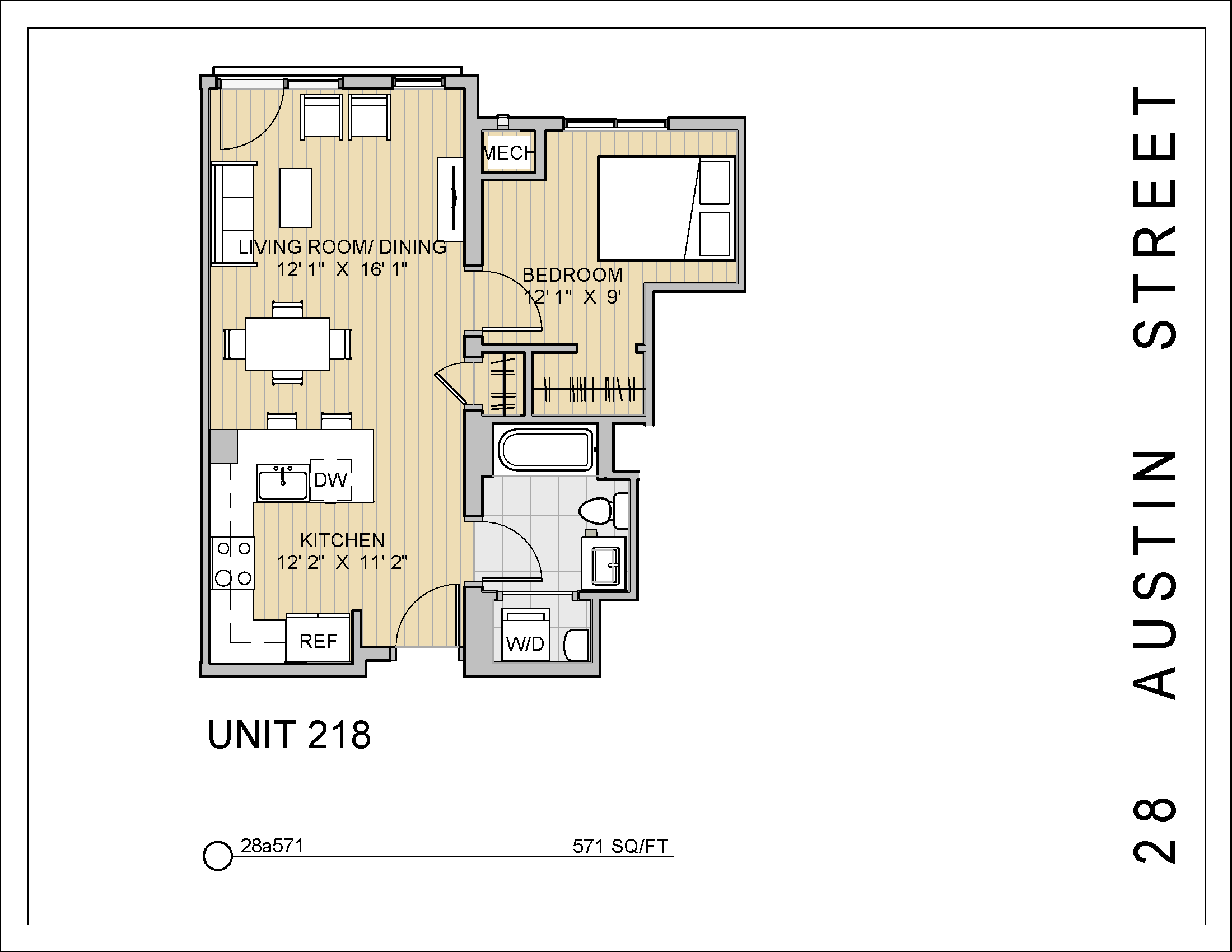 Floor plan for 1 bed, 1 bath, 571 sqft